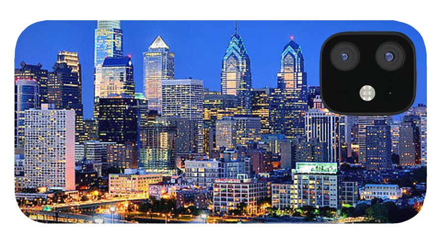 Philadelphia Skyline iPhone 12 Case featuring the photograph Philadelphia Skyline at Night Evening Panorama by Jon Holiday