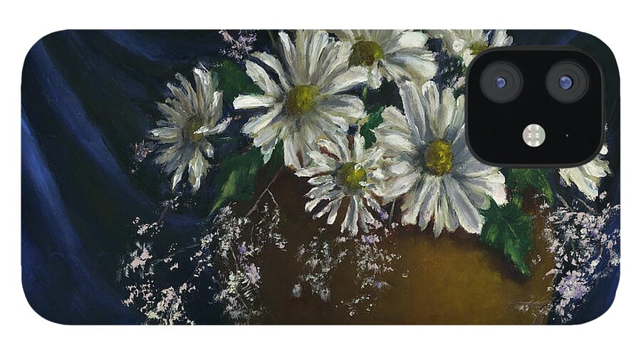 Daisies iPhone 12 Case featuring the painting White Daisies In Blue Fabric Still Life Art by Lenora De Lude