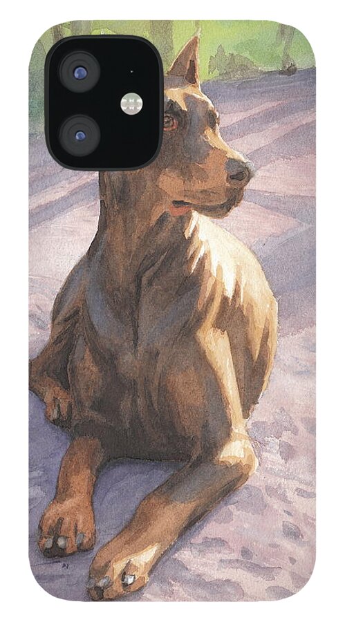 <a Href=http://miketheuer.com Target =_blank>www.miketheuer.com</a> iPhone 12 Case featuring the drawing Doberman Puppy Pencil Portrait #1 by Mike Theuer