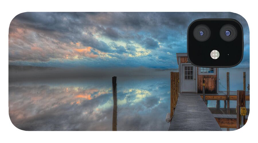 New England iPhone 12 Case featuring the photograph Melvin Village Marina in the Fog #2 by Brenda Jacobs