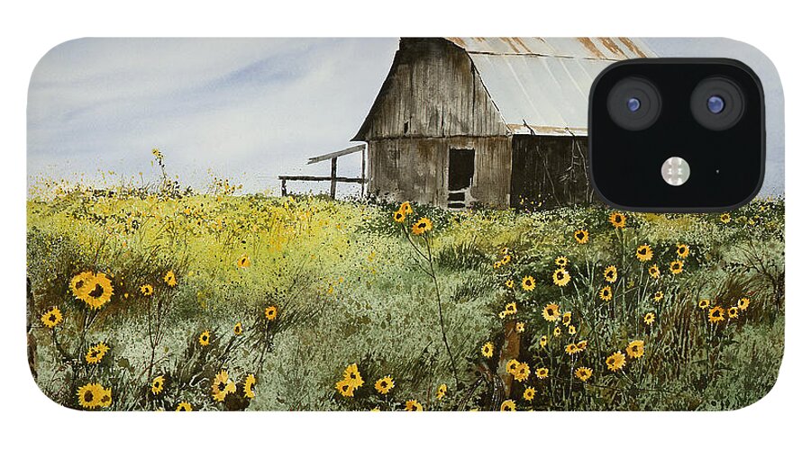 A Weathered Barn Is Surrounded By A Field Of Sunflowers. The Kansas Wind Sets Them In Motion For Their Summer Ballet. iPhone 12 Case featuring the painting Summer Ballet by Monte Toon
