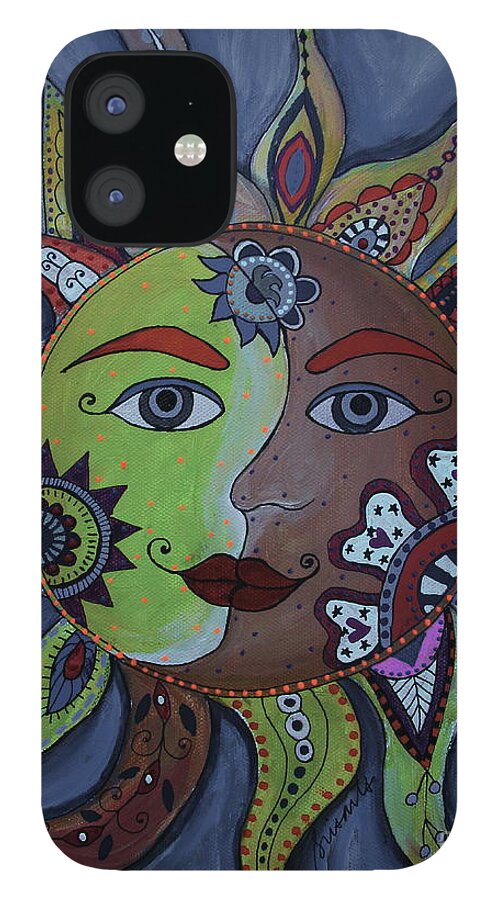 Sun And Moon iPhone 12 Case featuring the painting Sun And Moon Couple #1 by Pristine Cartera Turkus