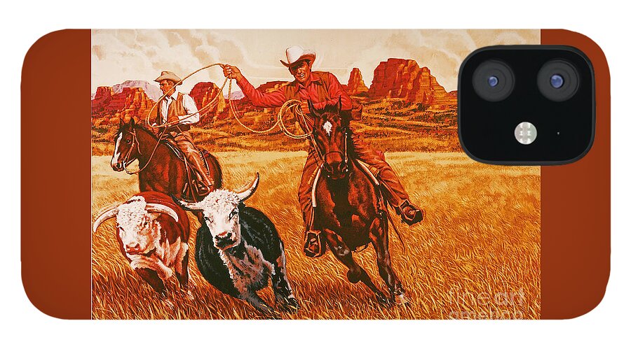 Animals iPhone 12 Case featuring the painting The Wranglers by Dick Bobnick