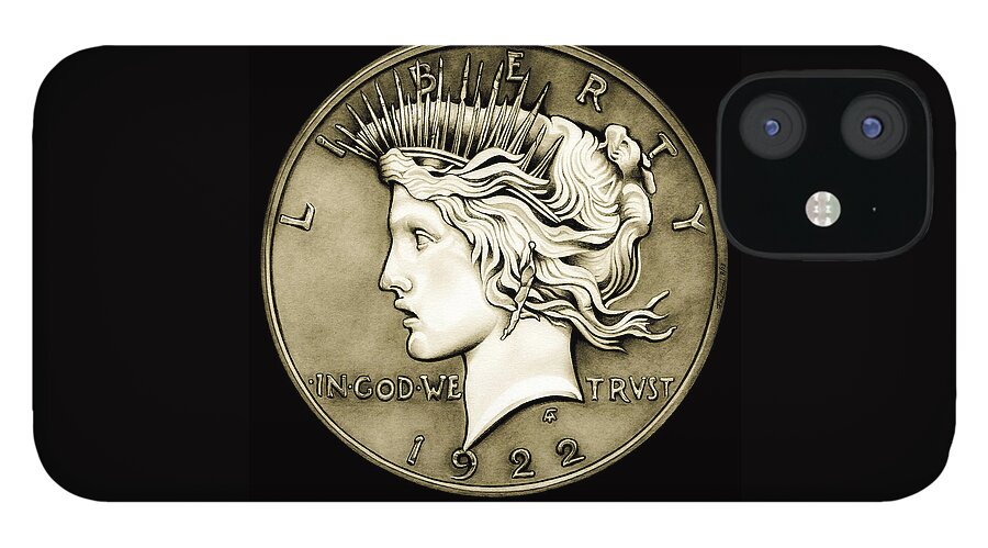 Coin iPhone 12 Case featuring the drawing 1922 Circulated Peace Dollar by Fred Larucci