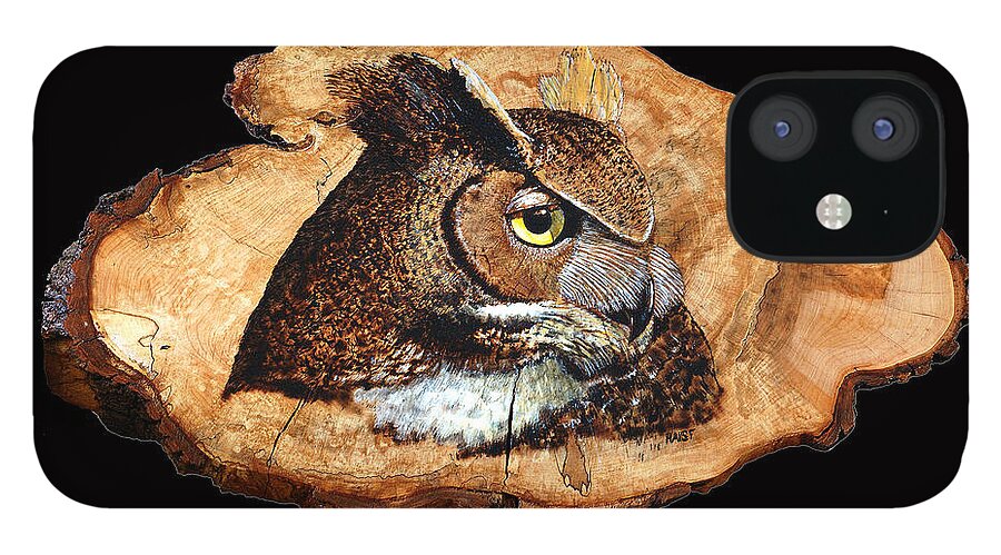 Owl iPhone 12 Case featuring the pyrography Owl on Oak Slab #2 by Ron Haist