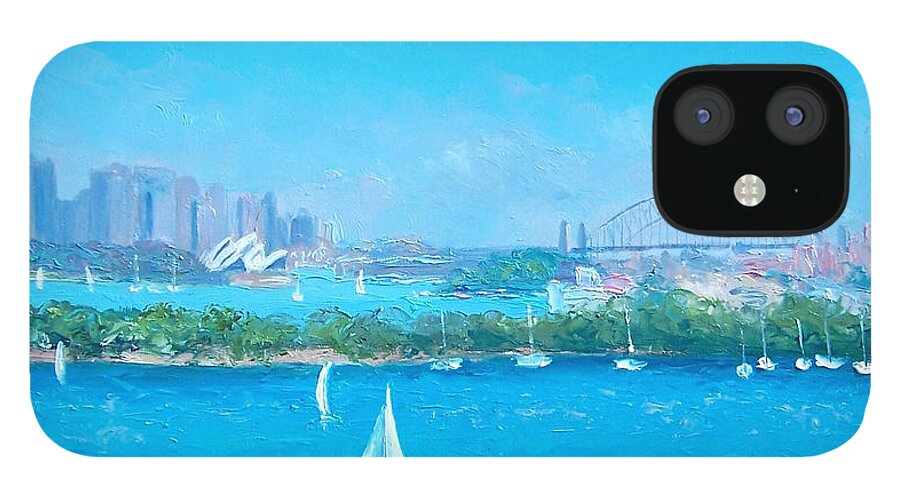 Sydney Harbour iPhone 12 Case featuring the painting Sydney Harbour and the Opera House by Jan Matson #7 by Jan Matson