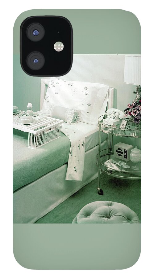 A Green Bedroom With A Breakfast Tray On The Bed iPhone 12 Case