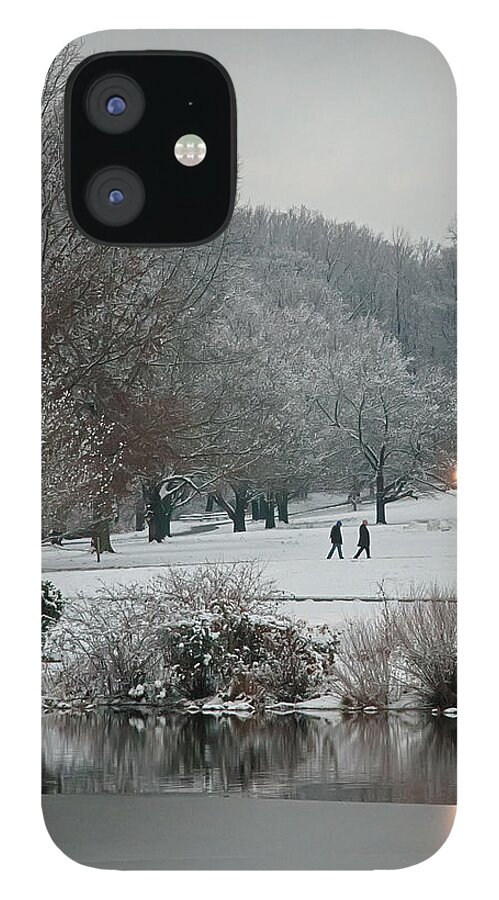 Holmdel Park iPhone 12 Case featuring the photograph A Pair Of Evening Walkers In Winter by Gary Slawsky