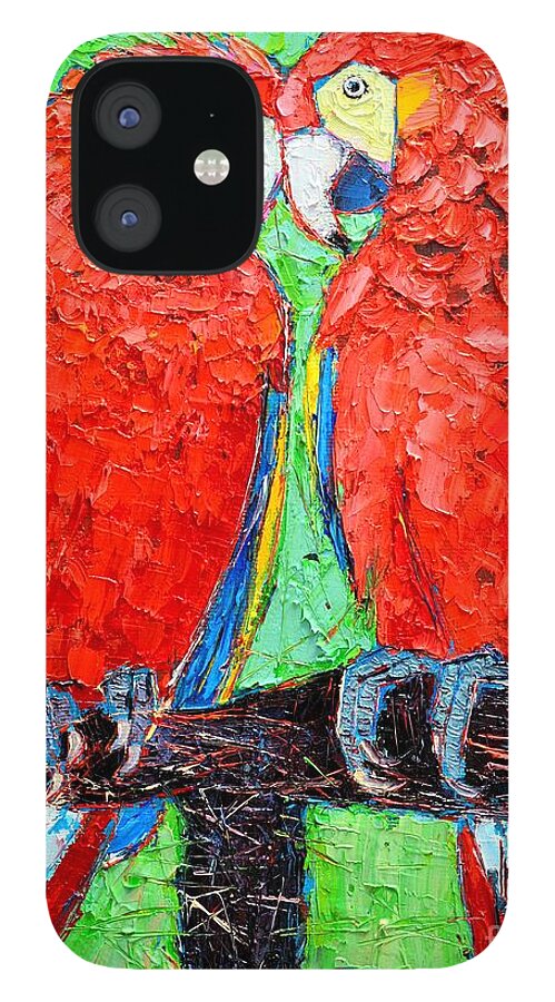 Parrots iPhone 12 Case featuring the painting Ara Love A Moment Of Tenderness Between Two Scarlet Macaw Parrots by Ana Maria Edulescu