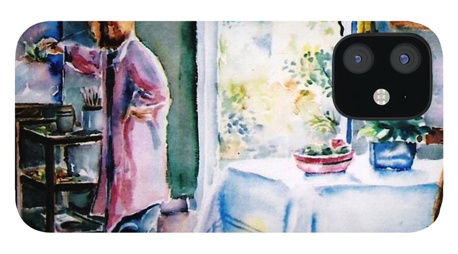 Watercolor Interior iPhone 12 Case featuring the painting Artist at work in Summer by Trudi Doyle