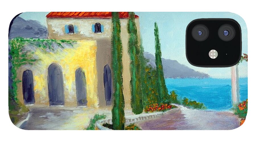 At The Seaside Amalfi iPhone 12 Case featuring the painting At The Seaside Amalfi by Larry Cirigliano