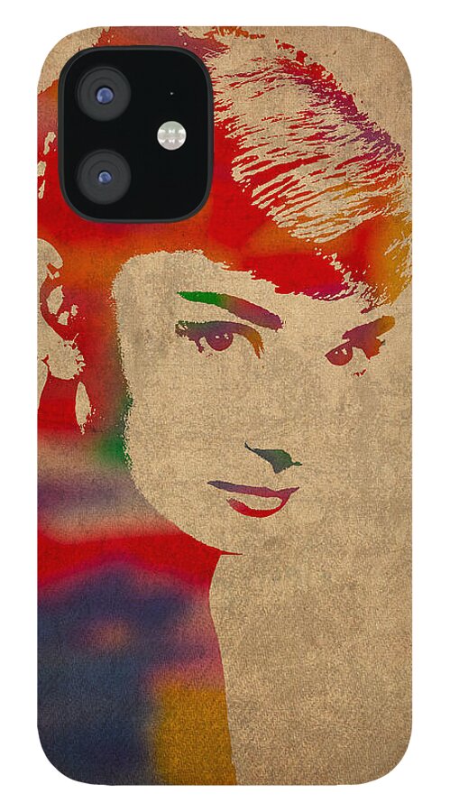 Audrey Hepburn Actress Watercolor Portrait On Worn Distressed Canvas iPhone 12 Case featuring the mixed media Audrey Hepburn Watercolor Portrait on Worn Distressed Canvas by Design Turnpike