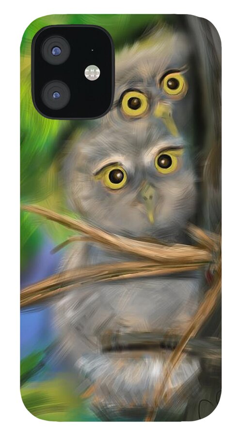 Animals iPhone 12 Case featuring the digital art Baby Owls by Christine Fournier