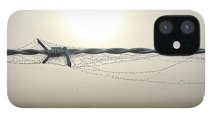 Wire iPhone 12 Case featuring the photograph Barb Wire With Web And Dew by Aaron Foster