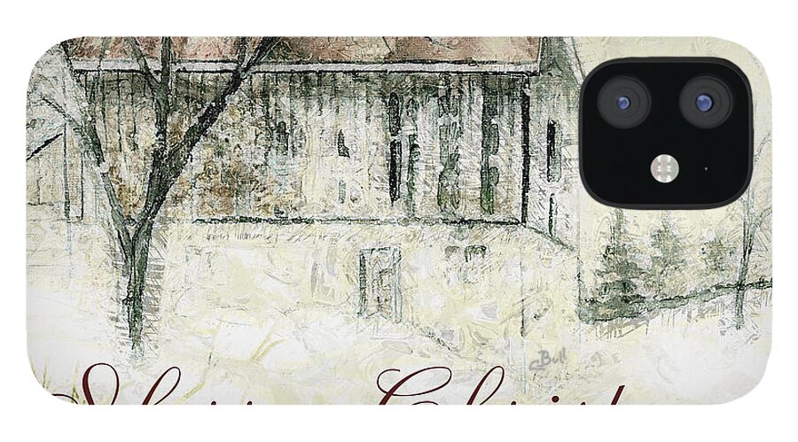 Barn iPhone 12 Case featuring the mixed media Barn in Snow Christmas Card by Claire Bull