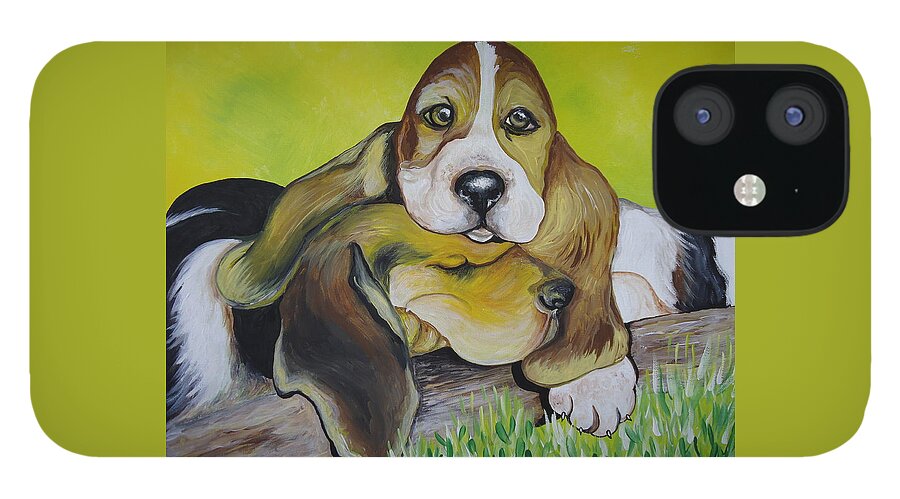 Bassett Hound iPhone 12 Case featuring the painting Bassett Hound Pups by Leslie Manley