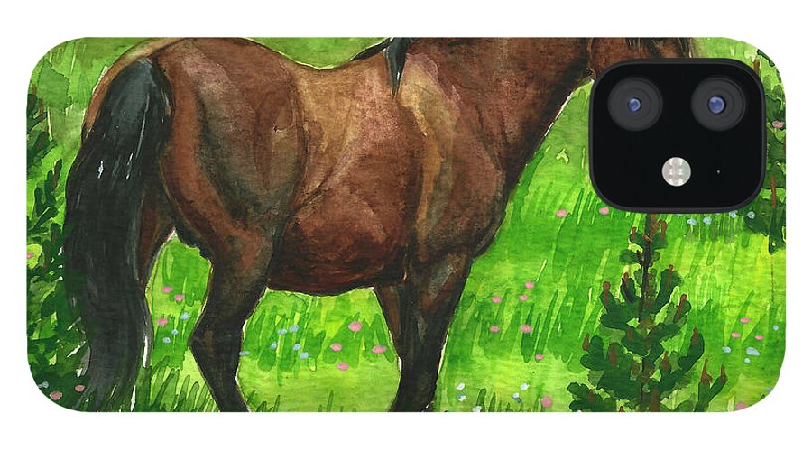 Stallion iPhone 12 Case featuring the painting Bay Alberta Stallion by Linda L Martin