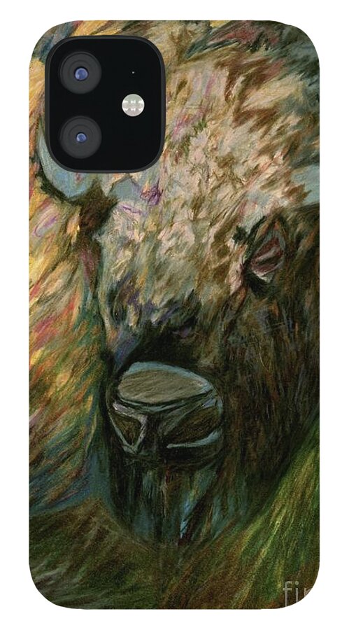 A Bison iPhone 12 Case featuring the drawing Bison by Jon Kittleson