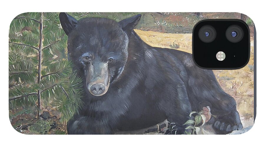 Black Bear iPhone 12 Case featuring the painting Black Bear - Wildlife Art -Scruffy by Jan Dappen