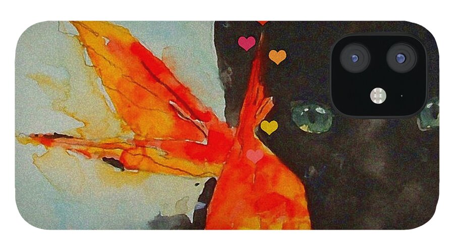 Black Cat iPhone 12 Case featuring the painting Black Cat and the Goldfish by Paul Lovering