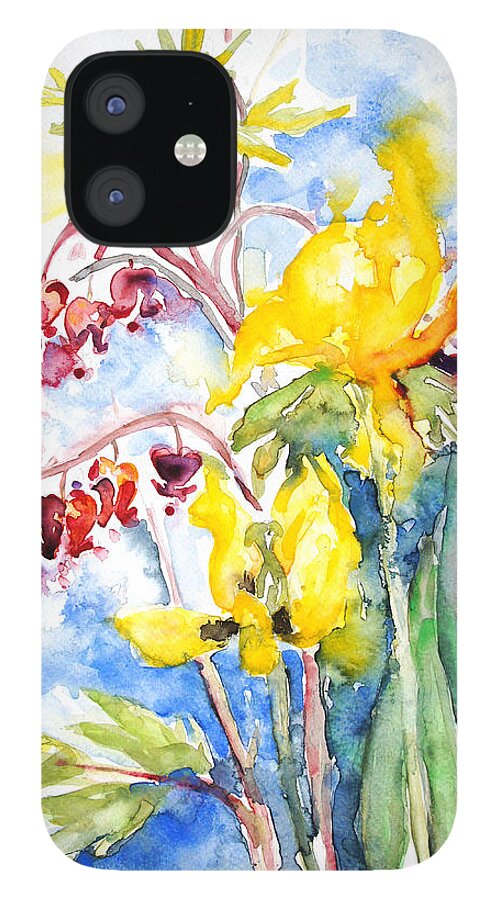 Still Life iPhone 12 Case featuring the painting Bleeding Heart With Tulips by Barbara Pommerenke