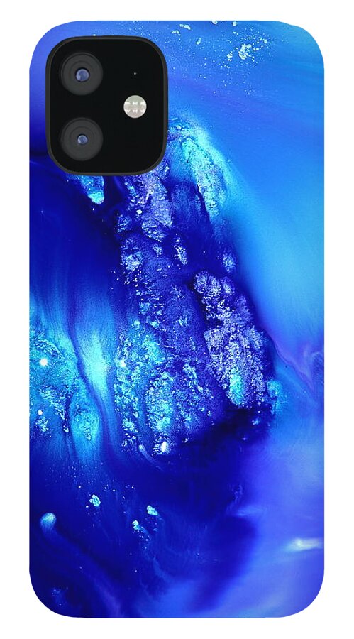 Kredart iPhone 12 Case featuring the painting Blue abstract art Dancing Crystals by KREDART by Serg Wiaderny