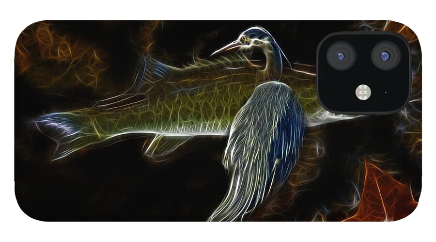 Digital Art iPhone 12 Case featuring the digital art Blue Heron Bass - 7672 - F C by James Ahn