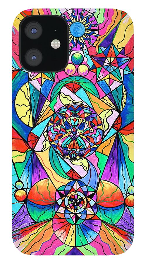 Vibration iPhone 12 Case featuring the painting Blue Ray Transcendence Grid by Teal Eye Print Store