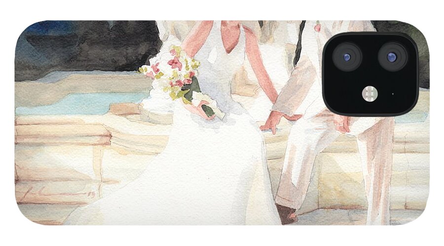 <a Href=http://miketheuer.com Target =_blank>www.miketheuer.com</a> Bride Groom Fountain Watercolor Portrait iPhone 12 Case featuring the drawing Bride Groom Fountain Watercolor Portrait by Mike Theuer