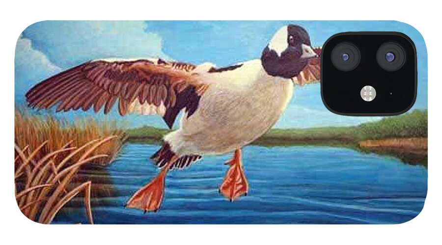 Rick Huotari iPhone 12 Case featuring the painting Buffelhead Duck by Rick Huotari
