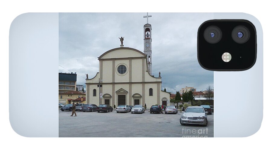 Catholic iPhone 12 Case featuring the photograph Cars and Cathedral - Shkoder by Phil Banks