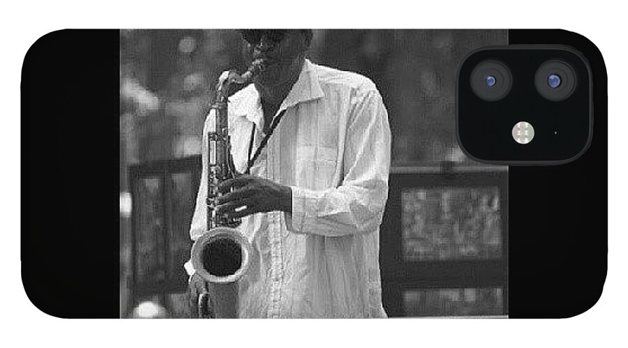 Black And White iPhone 12 Case featuring the photograph Central Park Sax by Aaron Kremer