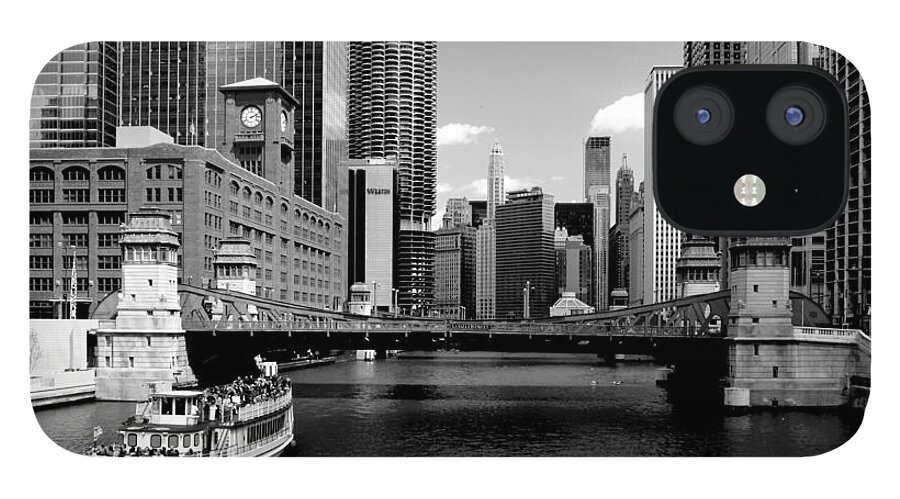 Bridge iPhone 12 Case featuring the photograph Chicago River Skyline Bridge Boat by Patrick Malon