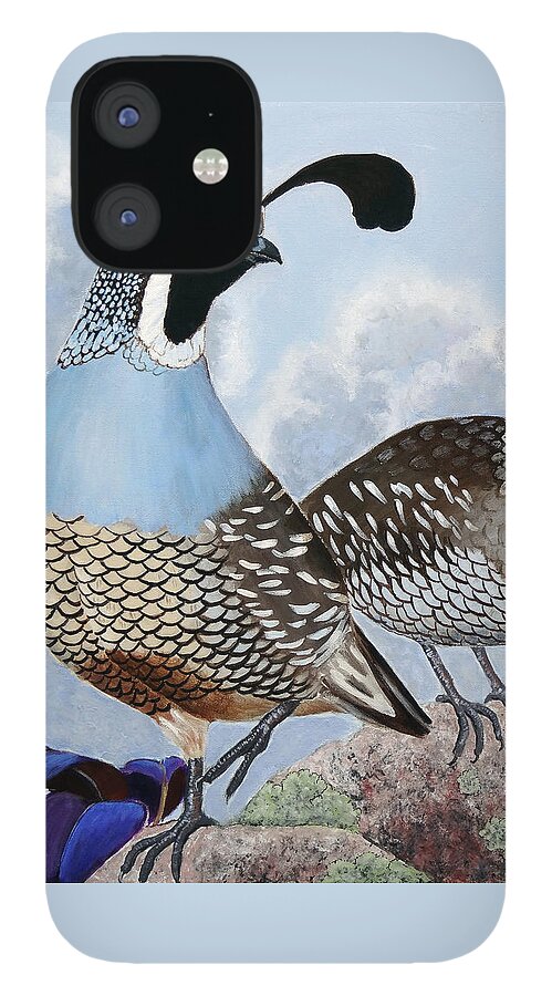 California Quail iPhone 12 Case featuring the painting Cloudy California Quail by Ande Hall
