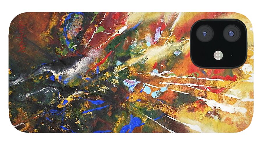 Colors Exploded Red Orange Blue Black White Brown Green Yellow Abstract Mix Fantasy Imagination Emotional iPhone 12 Case featuring the painting Colors Exploded by Miroslaw Chelchowski