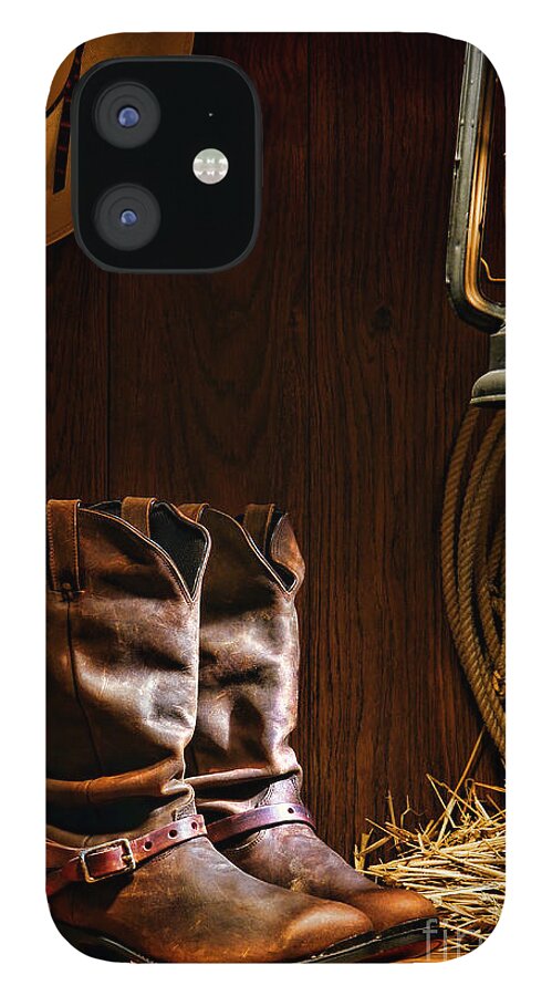 Western iPhone 12 Case featuring the photograph Cowboy Boots at the Ranch by Olivier Le Queinec
