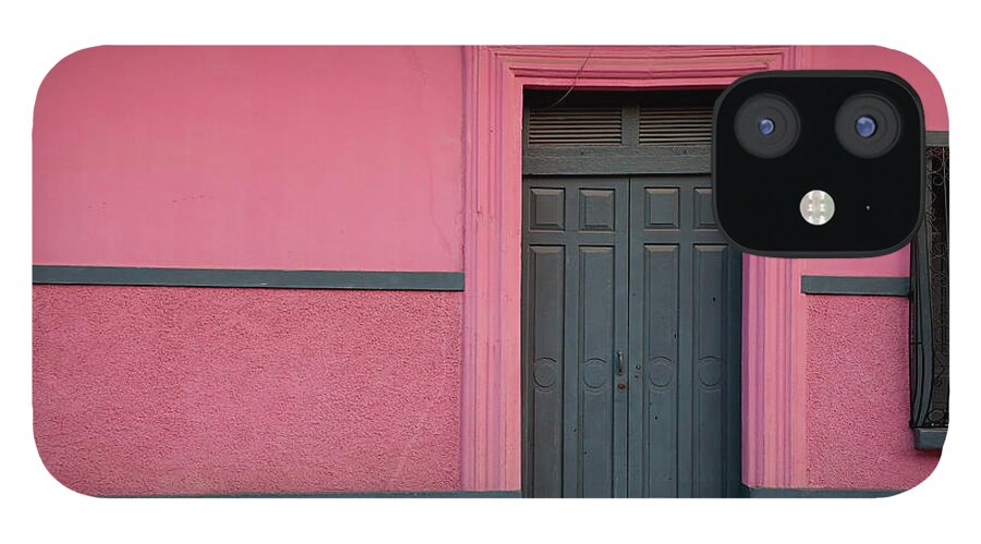 Architectural Feature iPhone 12 Case featuring the photograph Dark Wooden Closed Door And Pink Wall by Anknet