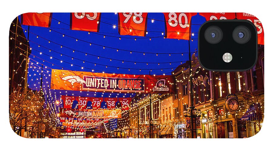 Blue iPhone 12 Case featuring the photograph Denver Larimer Square Blue Hour NFL United in Orange by Teri Virbickis