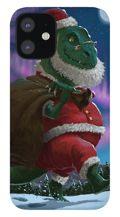 Santa iPhone 12 Case featuring the digital art Dinosaur Christmas Santa out in the snow by Martin Davey