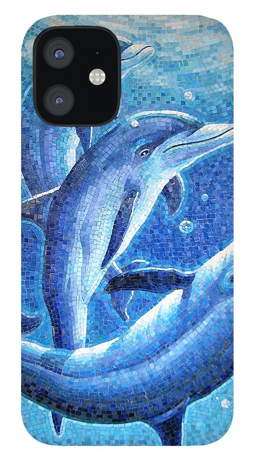 Playful iPhone 12 Case featuring the painting Dolphin Trio by Mia Tavonatti