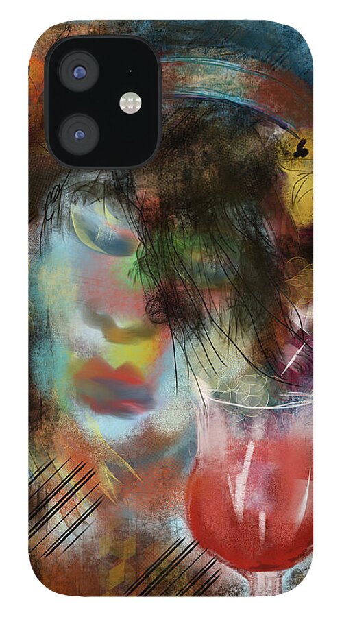 Drinking Gipsy Face Colors Butterfly Hair Band Glass Red Wine Abstract Print Painting Acrylic Blue Mane Earing Lips Liquor iPhone 12 Case featuring the painting Drinking Gipsy by Miroslaw Chelchowski