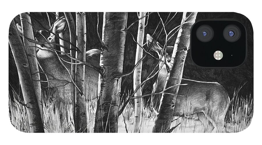 Doe iPhone 12 Case featuring the drawing Early Morning Does by Aaron Spong