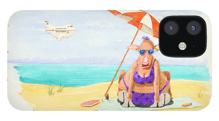 Fat Cow On A Beach iPhone 12 Case featuring the painting Fat Cow on a Beach 1 by Sam Davis Johnson