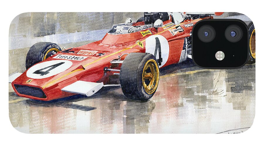 Watercolor iPhone 12 Case featuring the painting 1971 Ferrari 312 B2 1971 Monaco GP F1 Jacky Ickx by Yuriy Shevchuk