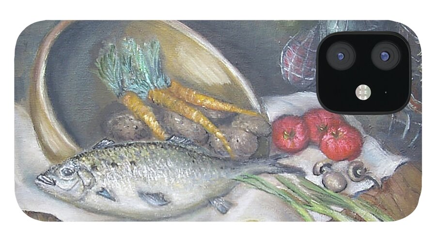 Still Life Painting iPhone 12 Case featuring the painting Fish for dinner by Katalin Luczay