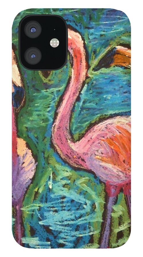 Pink Flamingoes iPhone 12 Case featuring the painting Flamingoes Wading by Ande Hall