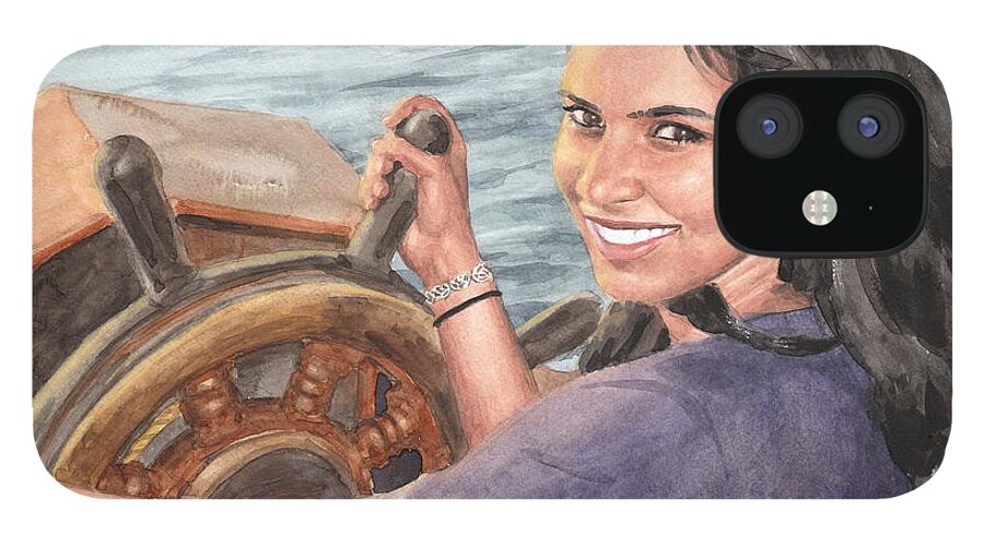 <a Href=http://miketheuer.com Target =_blank>www.miketheuer.com</a> Girlfriend Sailing Watercolor Portrait iPhone 12 Case featuring the drawing Girlfriend Sailing Watercolor Portrait by Mike Theuer