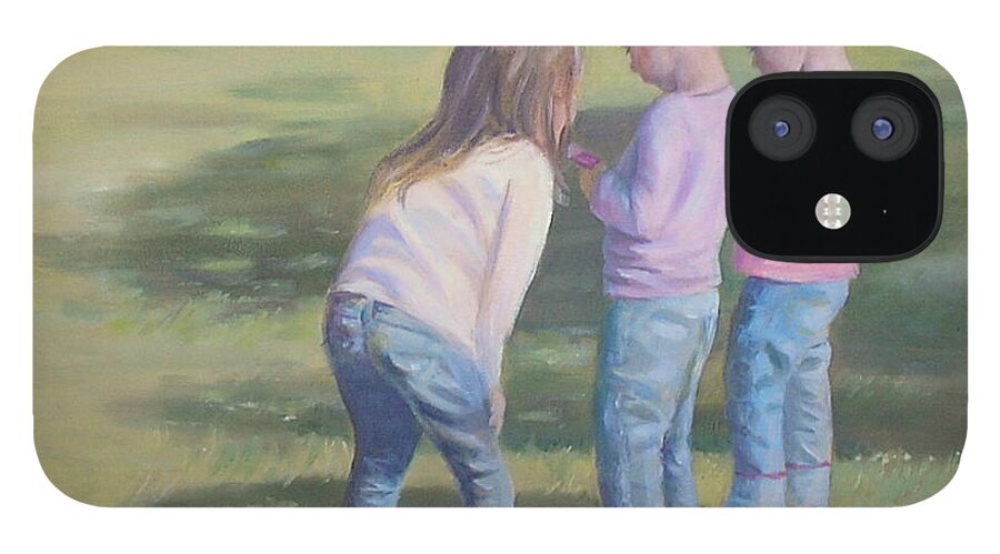 Children iPhone 12 Case featuring the painting Girls texting by Susan Bradbury