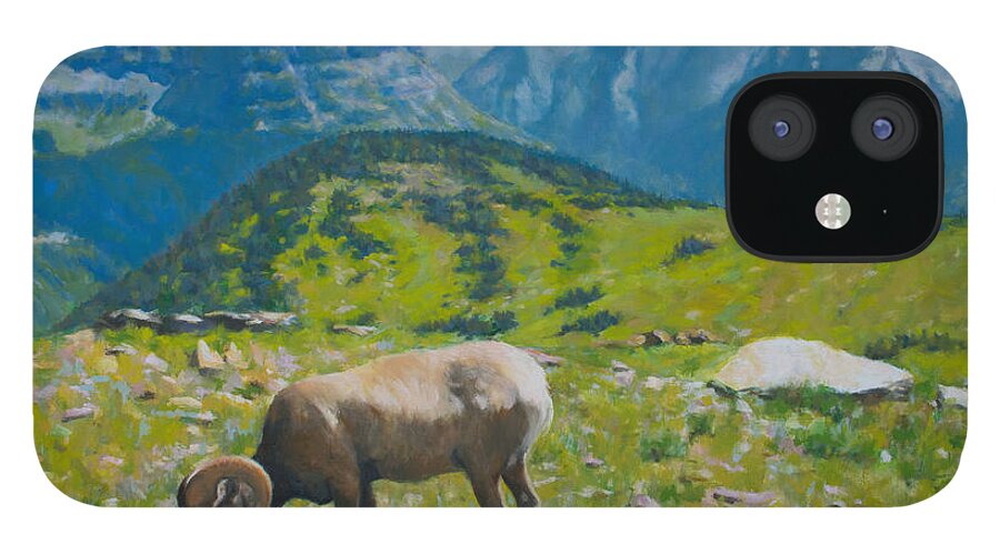 Landscape iPhone 12 Case featuring the painting Glacier NP Bighorn by Kerima Swain