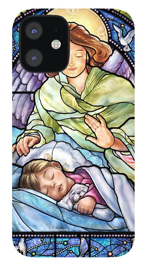 Stained iPhone 12 Case featuring the digital art Guardian Angel With Sleeping Girl by Randy Wollenmann
